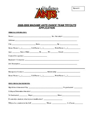 Dance Team Application Template  Form