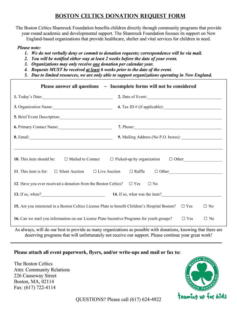 Boston Celtics Donation Request  Form