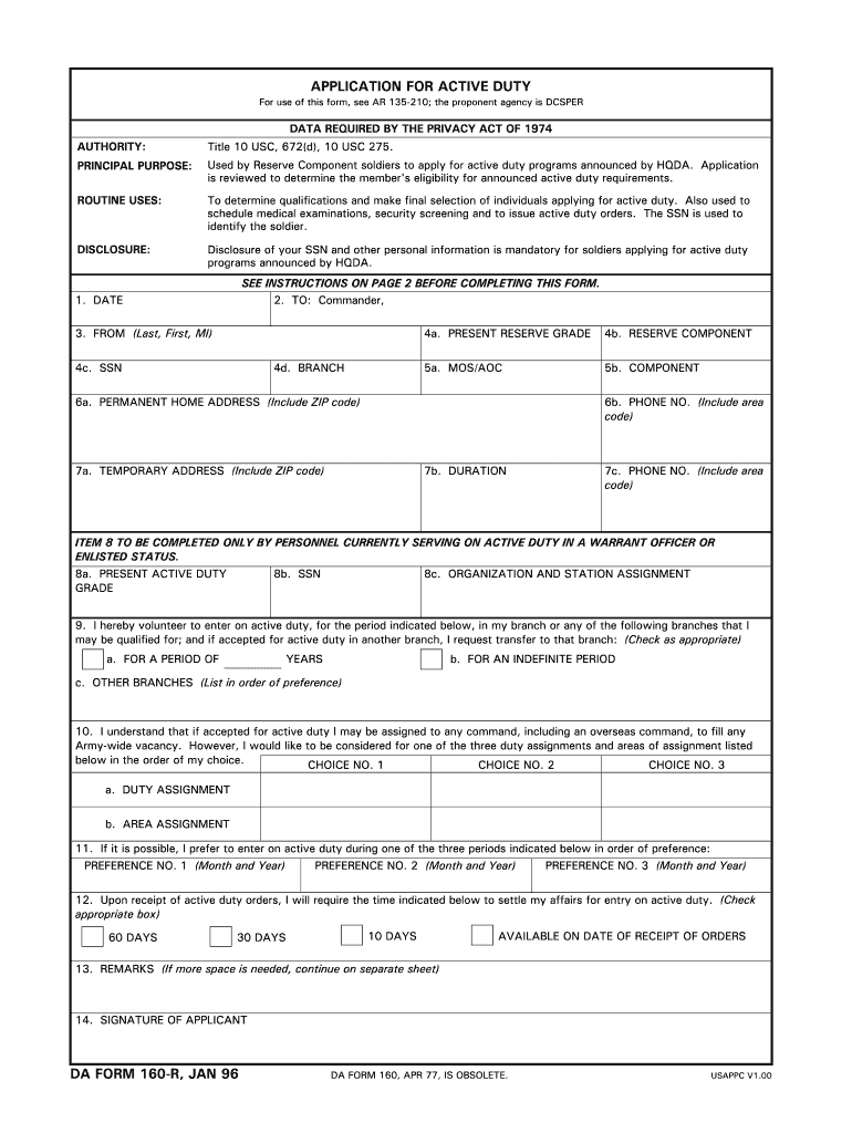  APPLICATION for ACTIVE DUTY DA FORM 160 R JagCNET 2019-2024