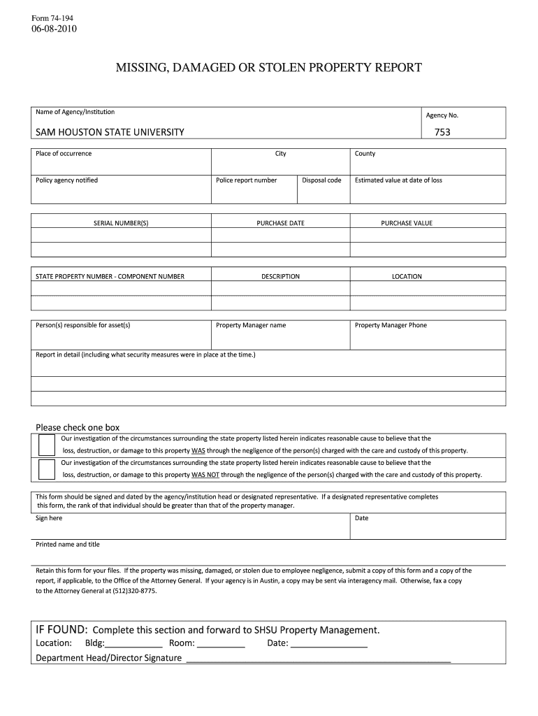 Missing Damaged or Stolen Property Report Sam Houston State Bb  Form