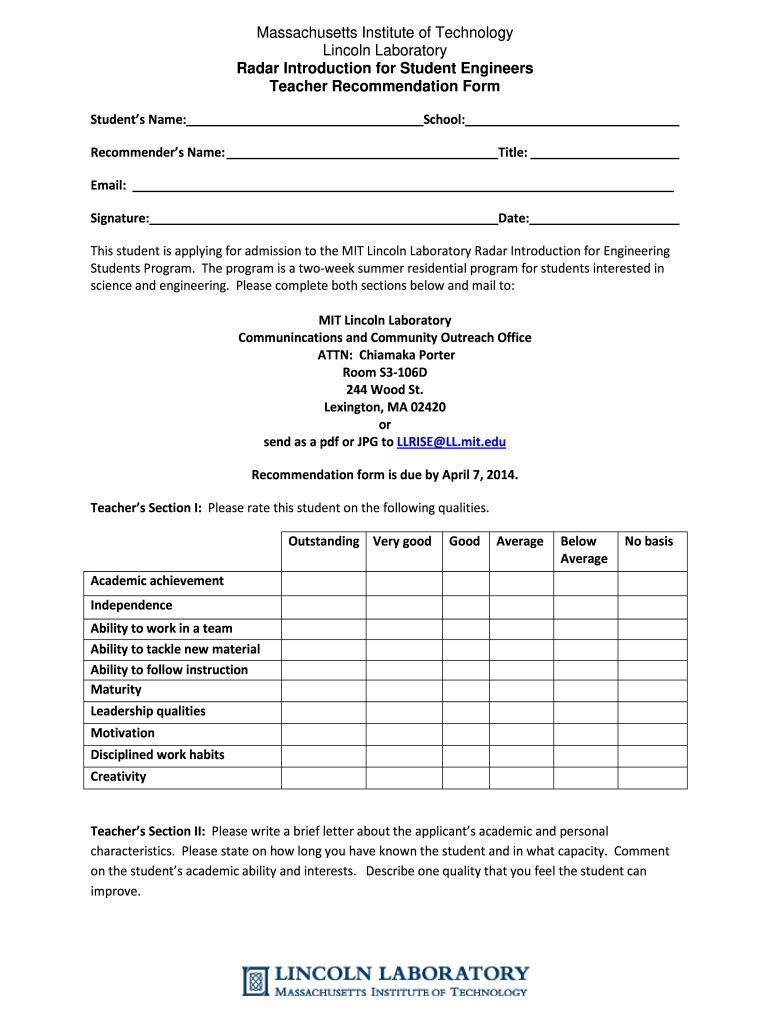  Teacher Recommendation Form 2014