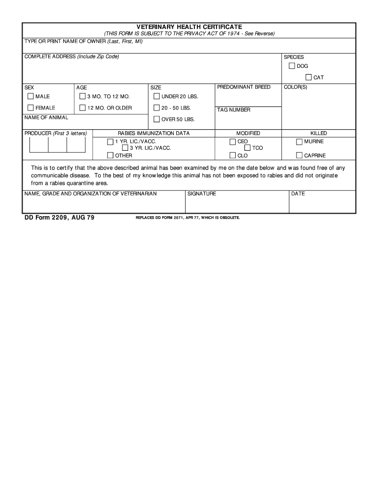  DD Form 2209, Veterinary Health Certificate, August 1979 2009