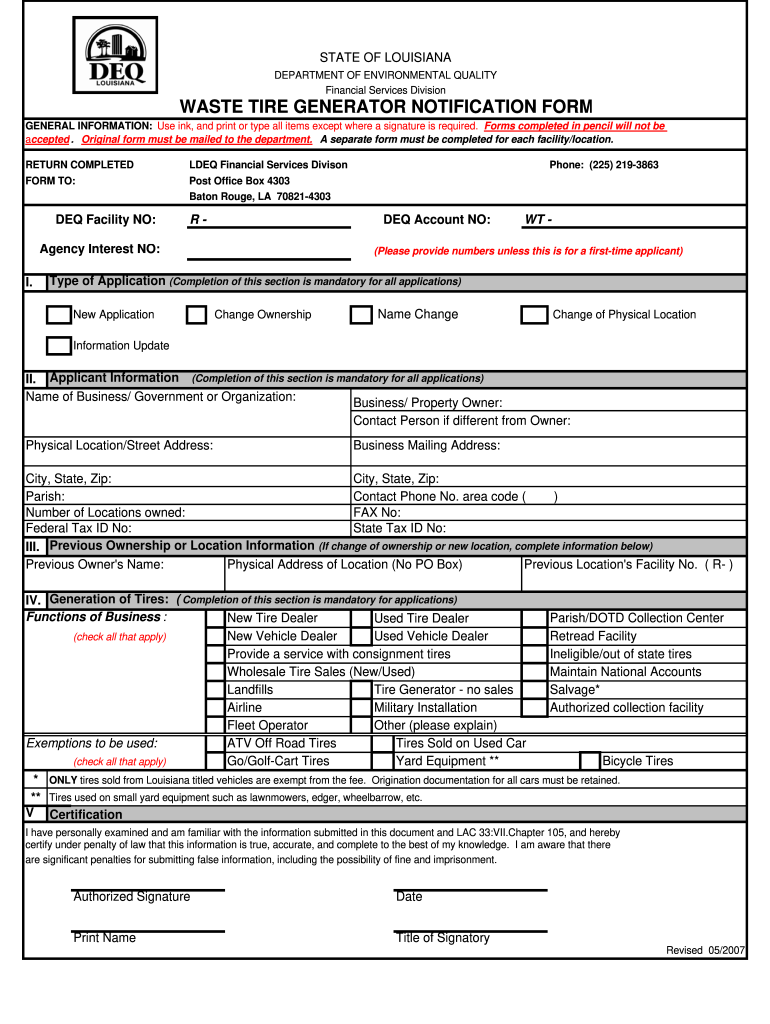  Louisiana Waste Tire Generator Notification Form  Ldeq 2007