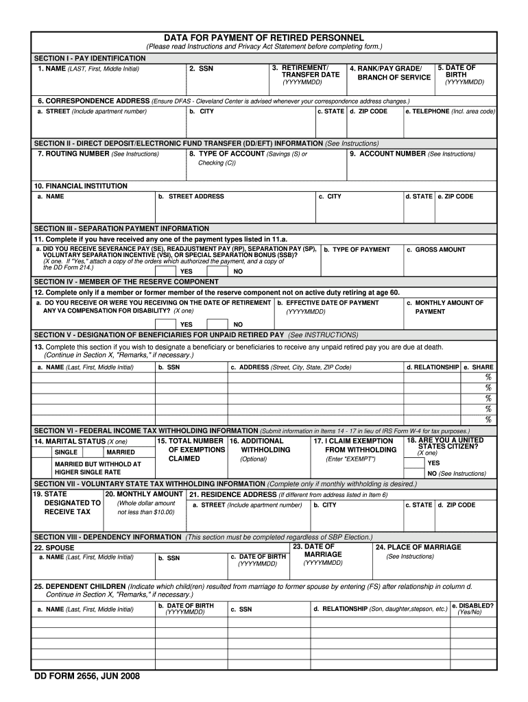  DD Form 2656, Data for Payment of Retired Personnel, June 2018