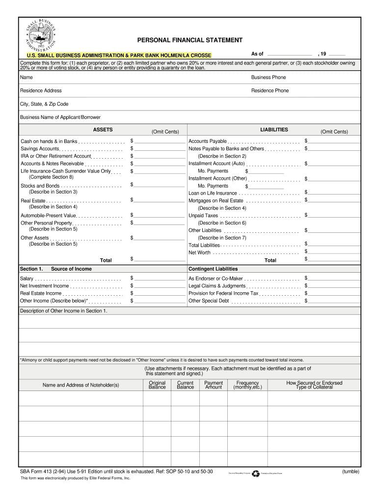 Sba Form 413 Fillable Download
