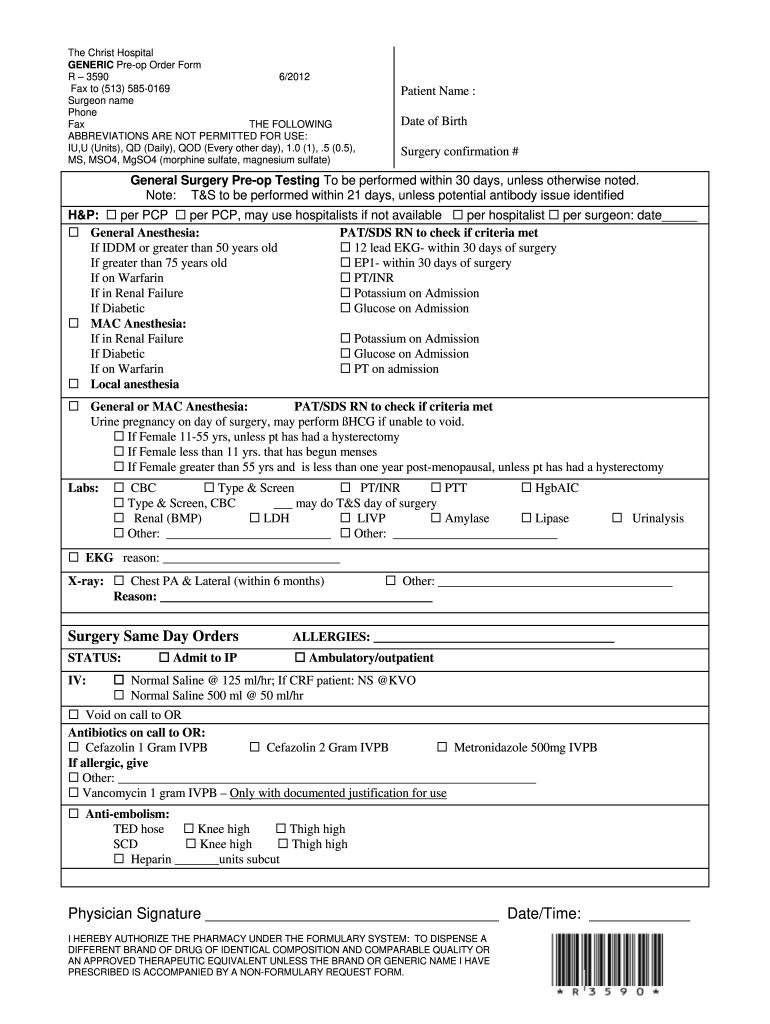  Pre Surgery Forms 2012-2024