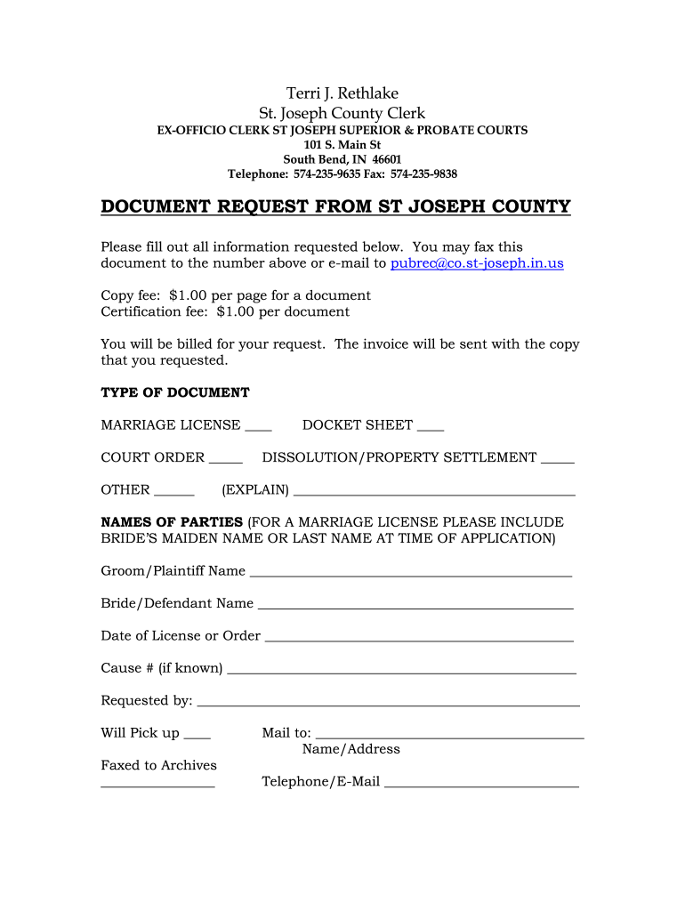 DOCUMENT REQUEST from ST JOSEPH COUNTY  Welcome to the  Form