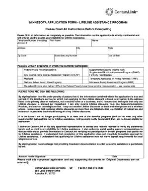 Centurylink Lifeline Online Application  Form