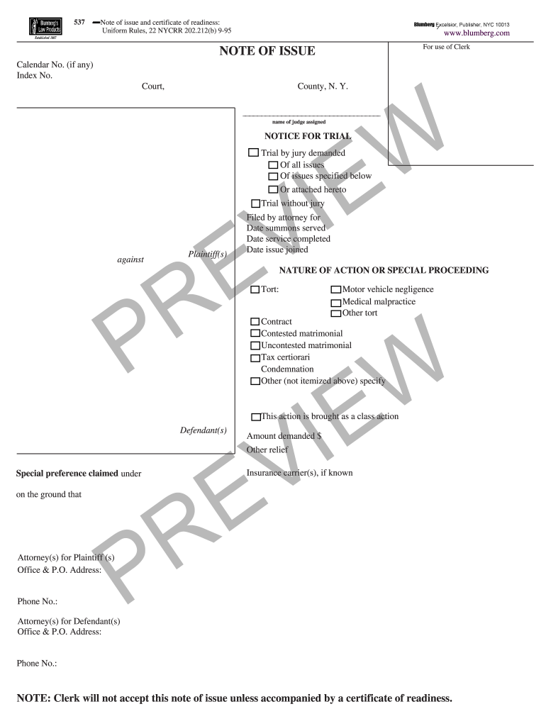 Ny Note of Issue and Certificate of Readiness  Form