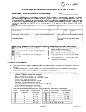 TN CenturyLink Internet Basics PROGRAM APPLICATION Please  Form