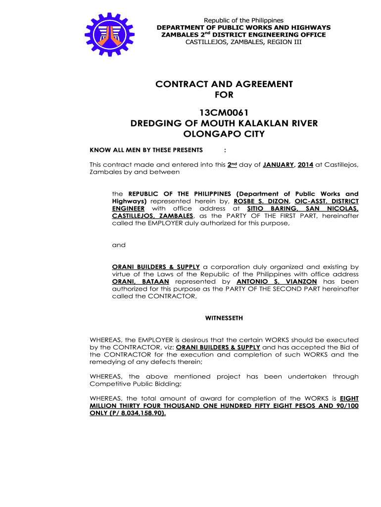 Contract and Agreement for 13cm0061 Dredging of Mouth Bb DPWH  Form