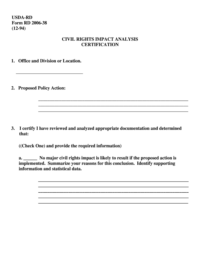  USDA RD Form RD 38 12 94 CIVIL RIGHTS IMPACT 1994