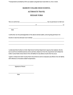 Barron Collier High School Alternate Travel Release Form