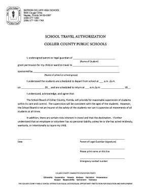 Barron Collier Student Travel Authorization Form