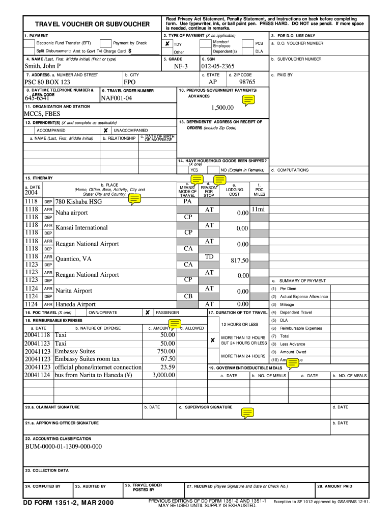  D D 1 3 5 1 2, Travel Voucher or Subvoucher March Previous Editions of DD Form 1351 2 and 1351 1 May Be Used until Supply is Exh 2011