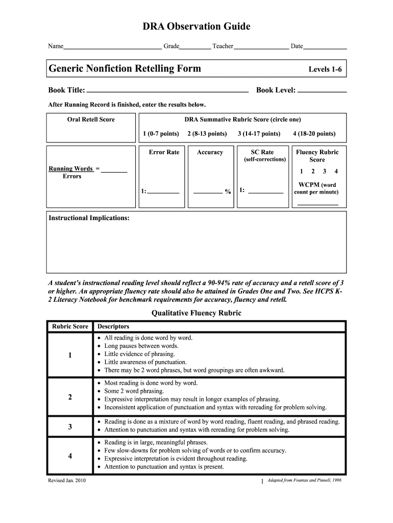 Get and Sign Printable Retelling Rubric 2010-2022 Form