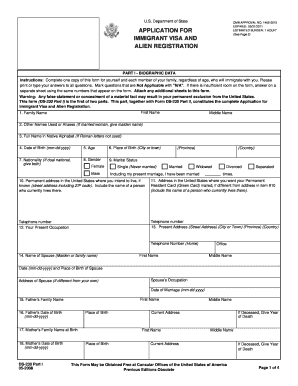 Application for Immigrant Visa and Alien Registration Embassy of the Bogota Usembassy  Form