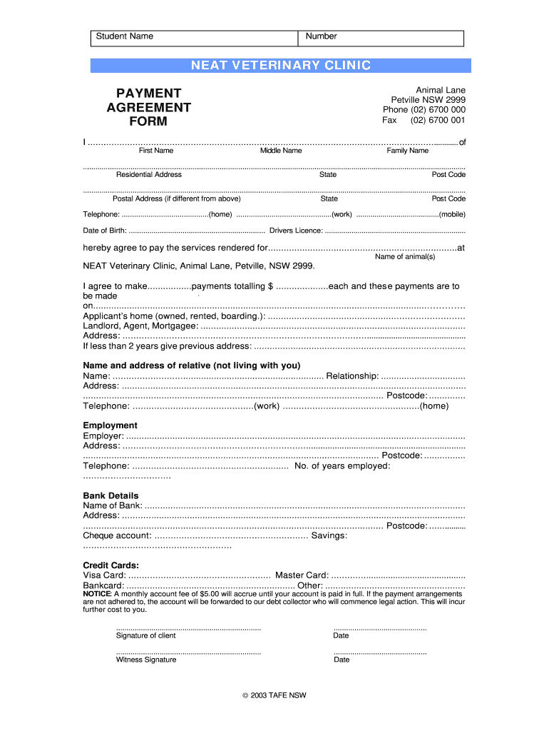 NEAT VETERINARY CLINIC PAYMENT AGREEMENT FORM