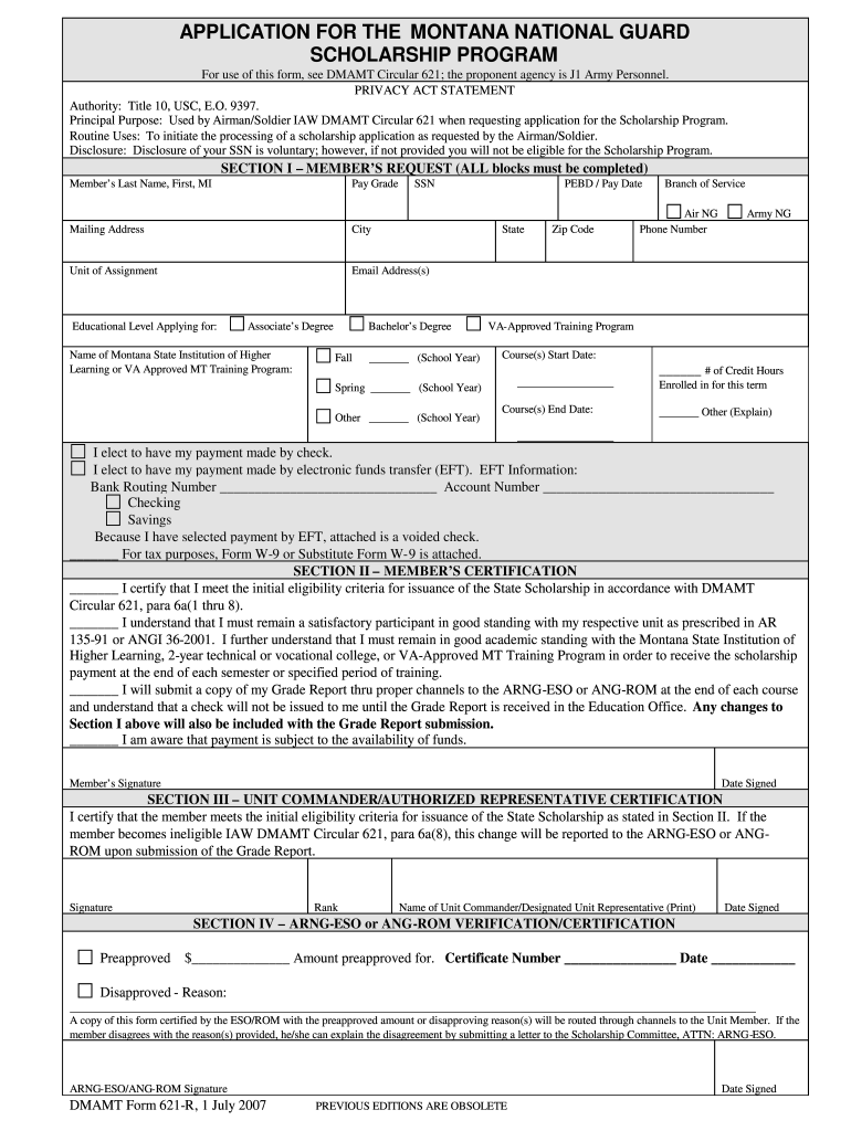 Montana Army National Guard Scholarship Form 2007-2025