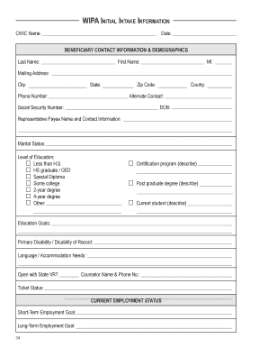 Wipa Initial Intake Information Work Incentive Planning and Vcu Ntc