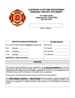 Copperas Cove Fire Department Personal History Statement Notice  Form