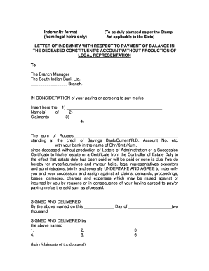 Letter of Indemnity for Income Tax in Case of Death  Form