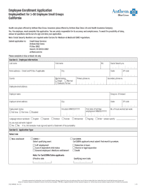 Employee Enrollment Application California Anthem  Form