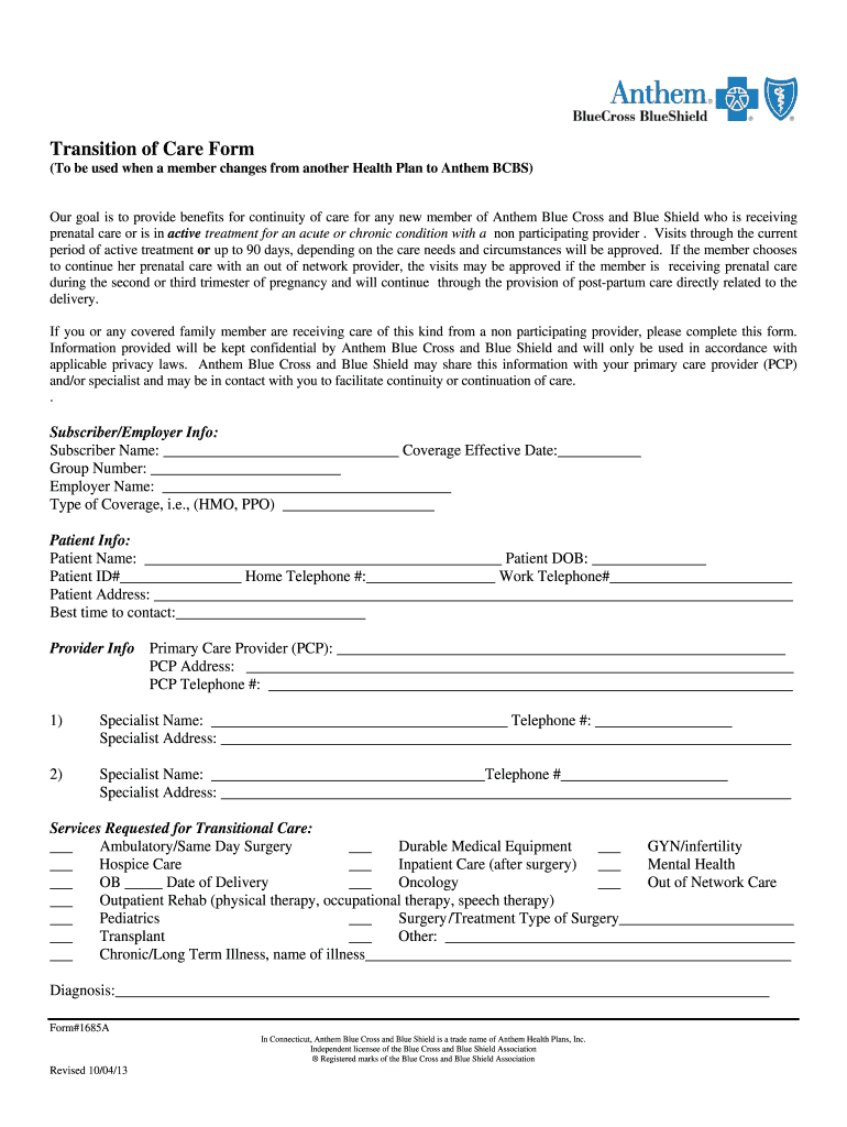  Transition of Care Form  Anthem 2013