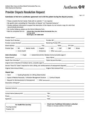 Anthem Provider Dispute Resolution Request  Form