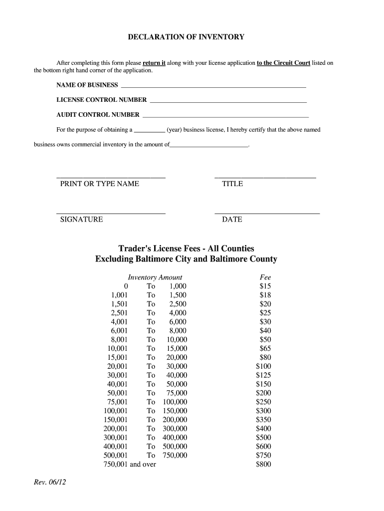 Declaration of Inventory Form Maryland Taxes