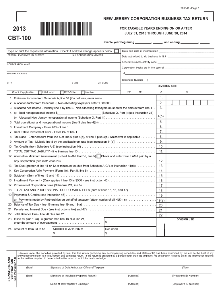  CBT 100 New Jersey Corporation Business Tax Return NJ Gov 2018