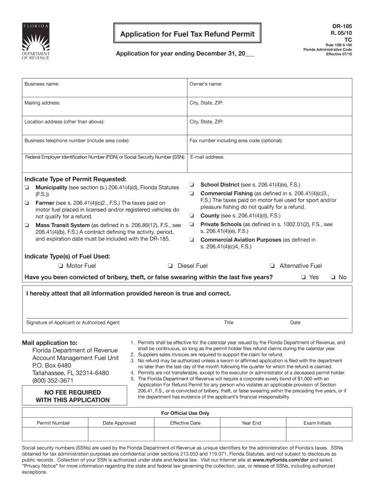  DR 185 Application for Fuel Tax Refund Permit R 0510 TC 2010