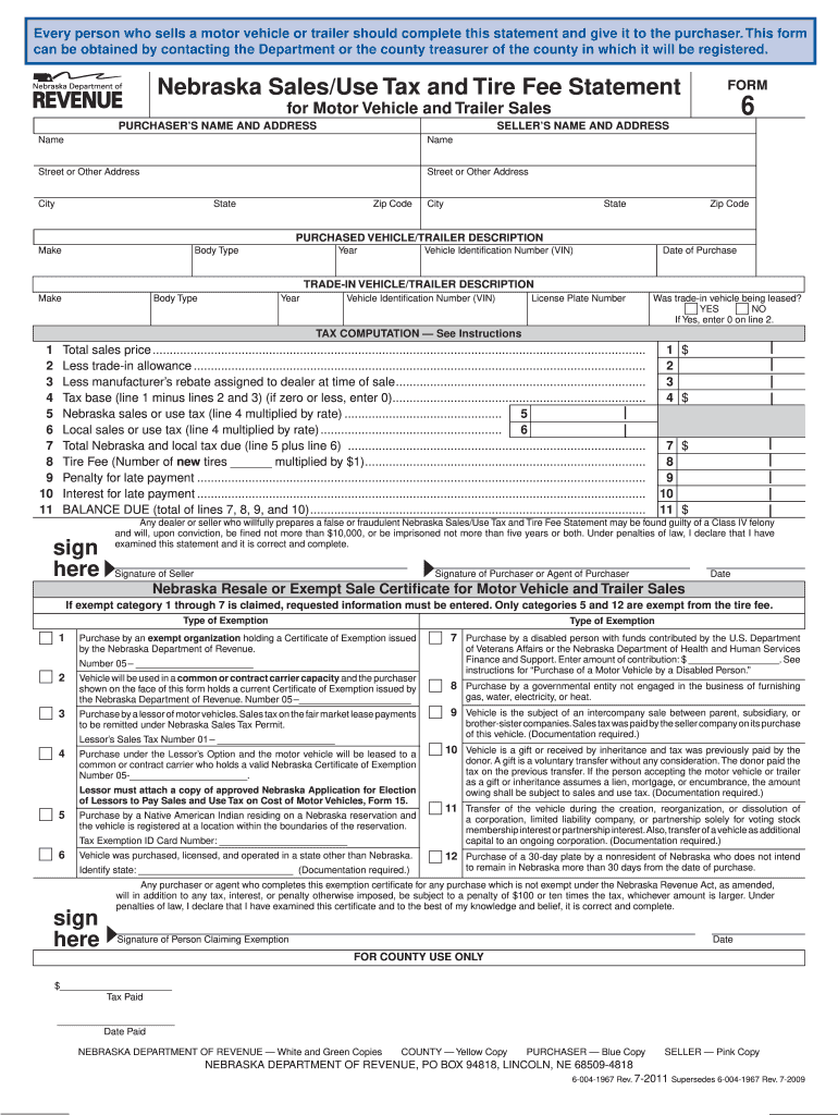 Get and Sign Form 6 Nebraska SalesUse Tax and Tire Fee Statement for Motor Vehicle and Trailer Sales ?8 2018
