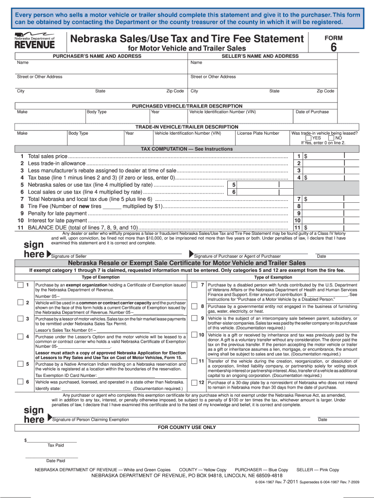  Form 6 Nebraska SalesUse Tax and Tire Fee Statement for Motor Vehicle and Trailer Sales ?8 2018