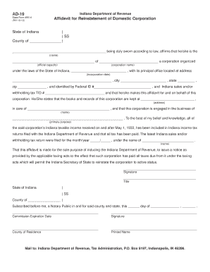 AD 19 Indiana Department of Revenue Af? Davit for Form