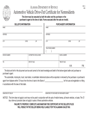 Alabama Department of Revenue Drive Out Certificate for Non Residents  Form