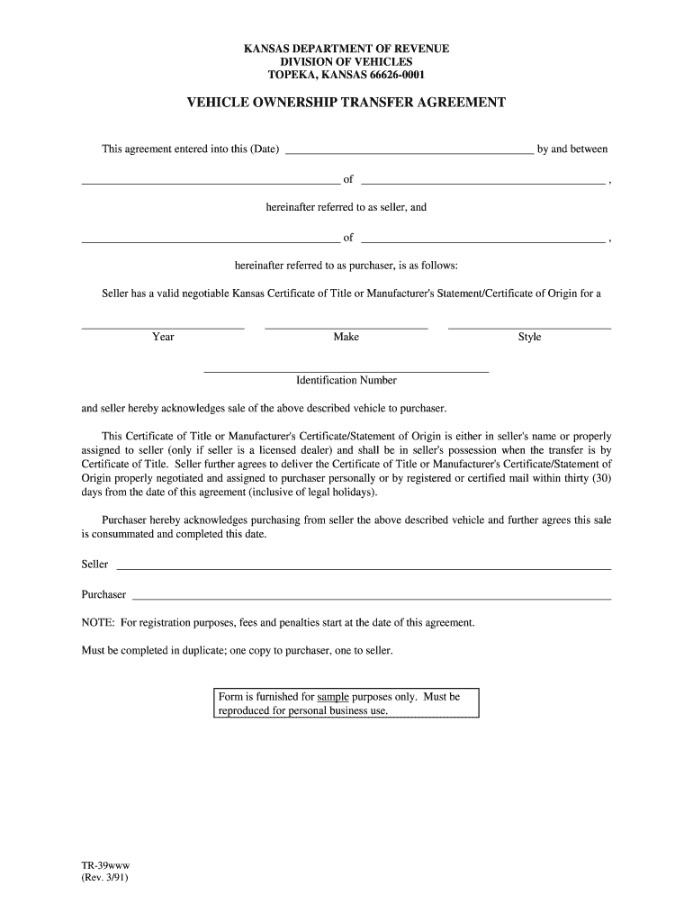  Vehicle Ownership Transfer Agreement Form 1991