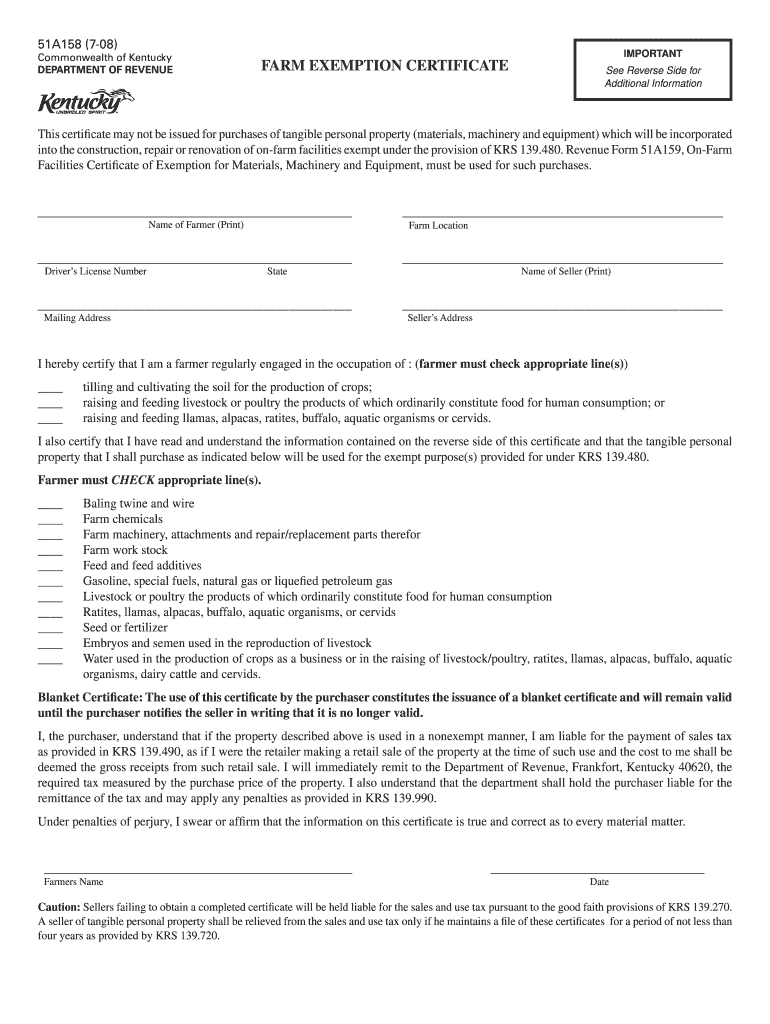 51A158 7 08 FARM EXEMPTION CERTIFICATE Formupack