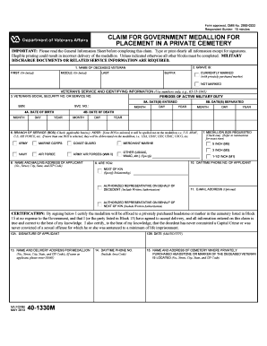 VA Form 40 1330M, CLAIM for GOVERNMENT MEDALLION for