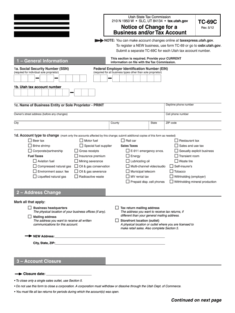  TC 69C Notice of Change for a Tax Account 2012