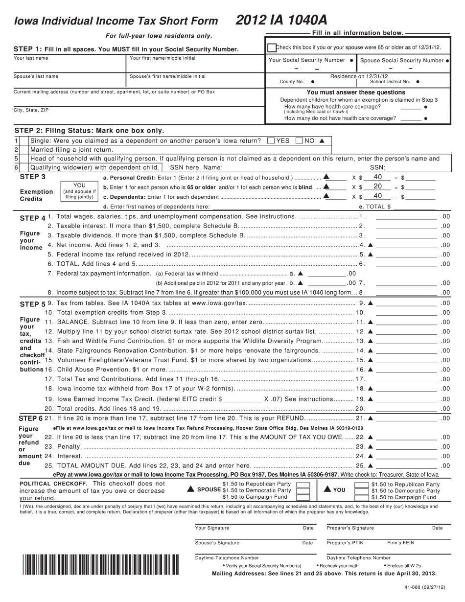  Iowa 1040 Short Form 2012