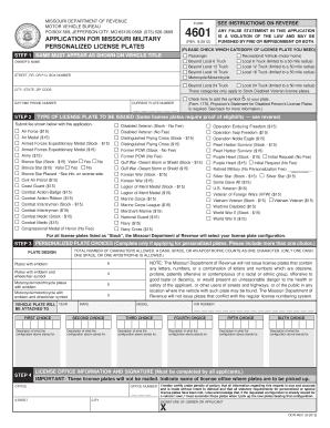 DOR 4601 Application for Missouri Military Personalized License Plates Application for Military Personalized License Plates  Form
