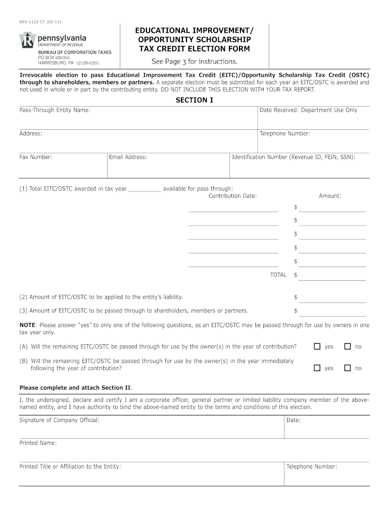  Educational ImprovementOpportunity Scholarship Tax Credit Election Form REV 1123 Educational ImprovementOpportunity Scholar 2013