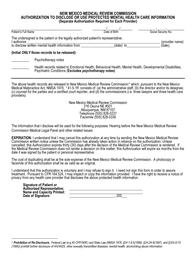 Release of Information Form Mental Health