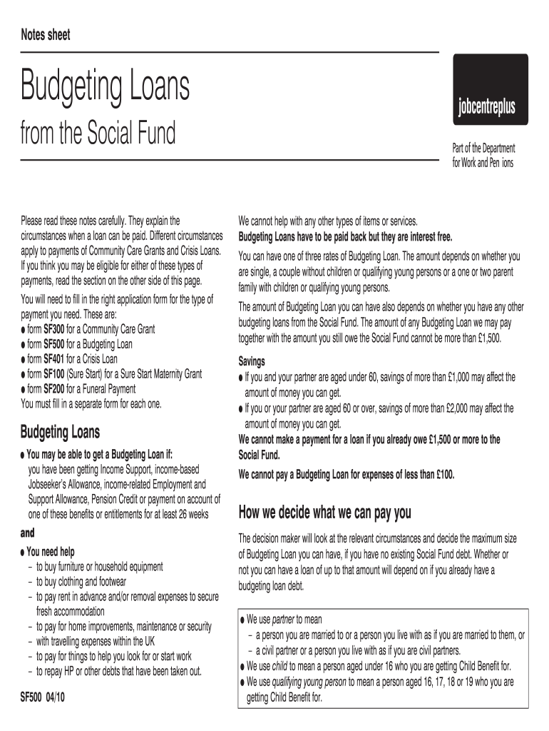  Budgeting Loan Form PDF 2010