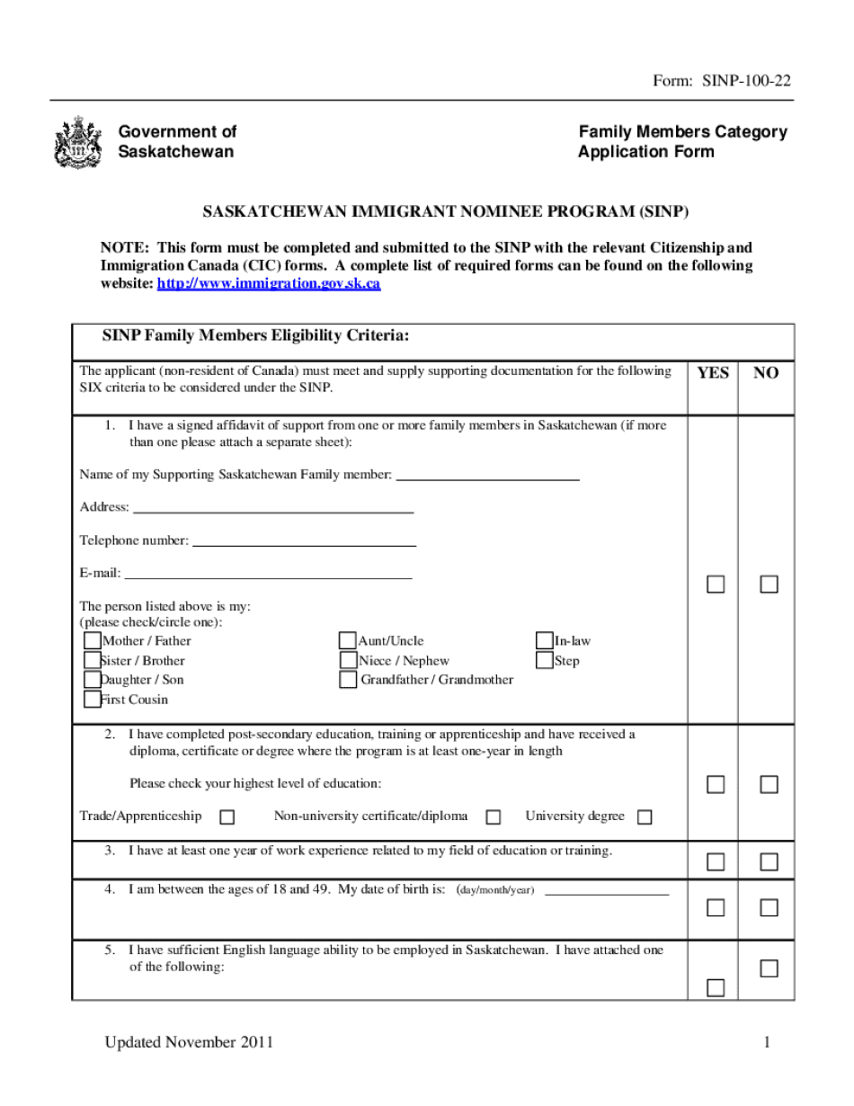 Sinp 100 22 Form