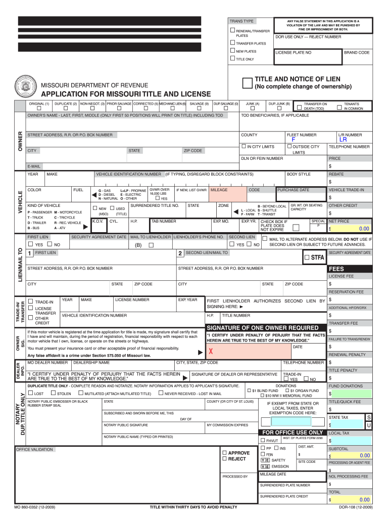  DOR 108 Application for Missouri Title and Fill Any PDF Form 2017