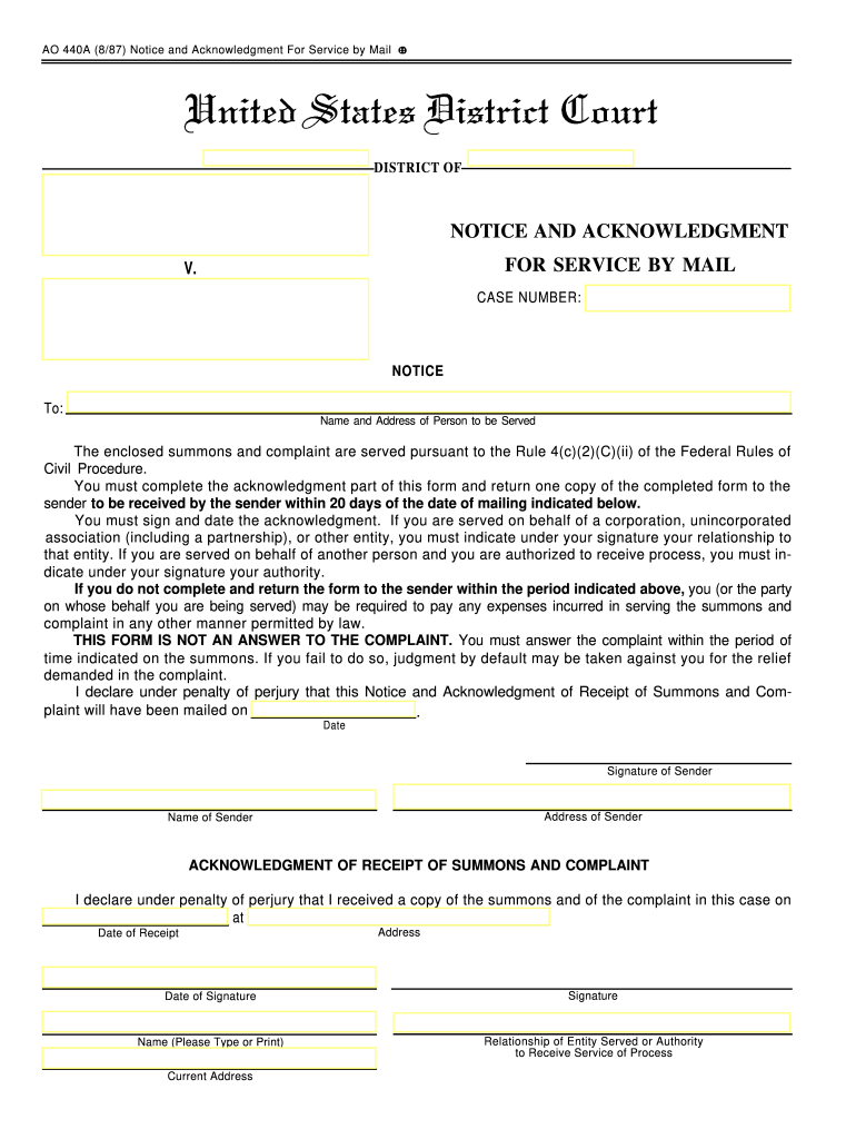  Proof of Service for Personal Service Notice and Acknowledgement Judicial Counsil Form 1987-2024