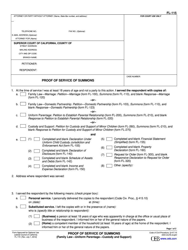  Fl 115 Proof of Service of Summons Form 2012