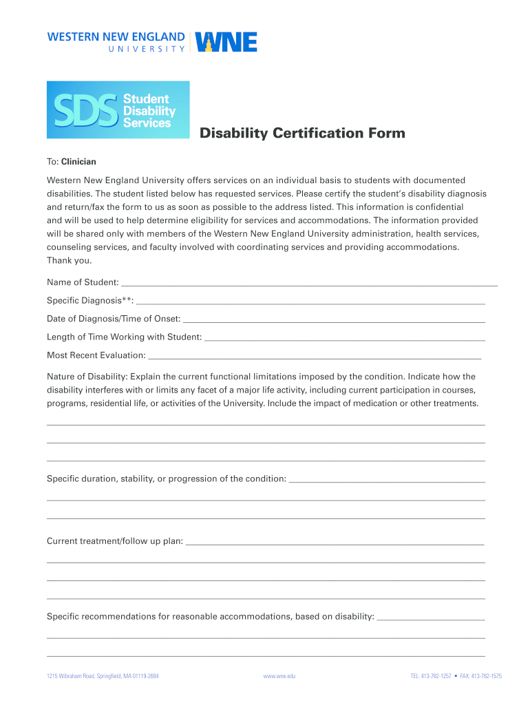 Disability Certification Form  Western New England University  Assets Wne